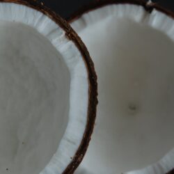 close up photograph of halved coconuts